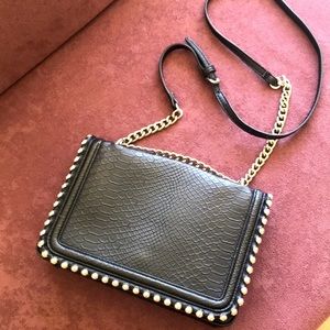 Ball Chain Bordered Snakeprint Black Purse with Chain Strap
